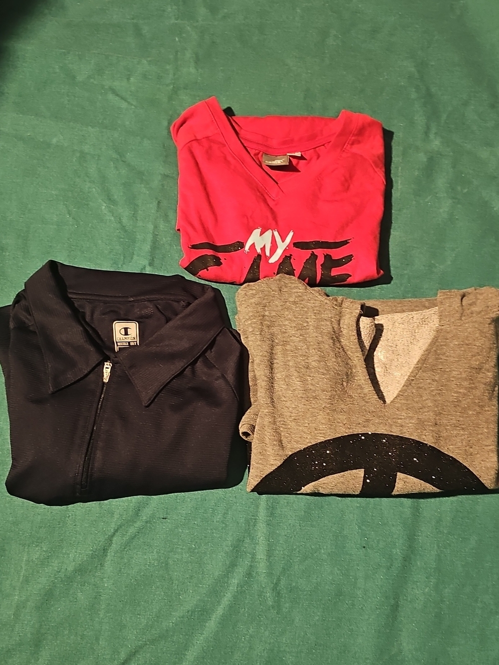 3 Preowned Tees: Champion Navy Zip-Up Tee, Pink Puma Tee, Gray Justice Tee